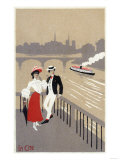 La Cite Art Deco Scene of Couple Watching Riverboat - Paris, France Prints
