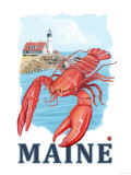 Portland, Maine - Lobster and Portland Lighthouse Scene Posters