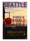 Seattle, Washington - Pike Place Market Sign and Water View Posters