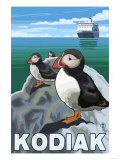 Kodiak, Alaska - Puffins and Alaskan Cruise Ship Posters