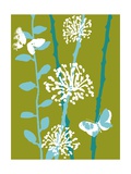 Green and Blue Color Print with Flowers and Butterfly Kunstdrucke