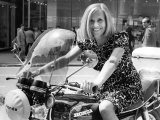 Actress Honor Blackman Posing on a Motorbike Lámina fotográfica