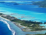 Aerial of Small Motu on Edge of Bora Bora Lagoon, with Over- The-Water Bungalows on Lagoon Photographic Print by Emily Riddell