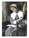 Young Puritan Woman Reading While Spinning at Her Wheel, Giclee Print