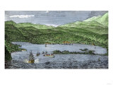 Sailing-Ship Firing on a Fort in Jamaica During Colonial Times Lámina giclée