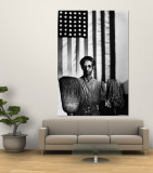 Ella Watson Standing with Broom and Mop in Front of American Flag, Part of Depression Era Survey Wall Mural by Gordon Parks