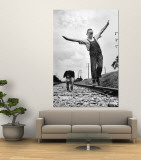 Larry Jim Holm, 12, with Dunk, His Spaniel Collie Mix, Walking Rail Railroad Tracks in Rural Area Wall Mural by Myron Davis
