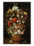 Tulips, Lillies, Irises, Roses, Carnations, Peonies, and Other Flowers in a Sculpted Terracotta Urn Giclee Print by Osias Beert