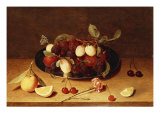 Plums and Peaches on a Pewter Dish with Cherries and a Carnation on a Table Impressão giclée por Jacob van Hulsdonck
