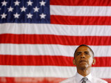 Barack Obama in front of US Flag, Flint, MI Photographic Print