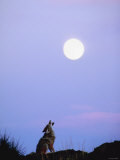 Wild Coyote Sitting in Nature and Howling at Full Moon Photographic Print