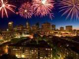 Celebration with Exploding Fireworks over Skyline of Boston, Massachusetts Photographic Print