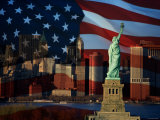 Skyline View with the Statue of Liberty Landmark and American Flag Background in New York City Photographic Print