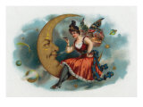 Picant Brand Cigar Box Label, Fairy Woman Smoking on the Moon Posters