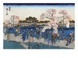 Viewing Cherry Blossoms along the Sumida River, Japanese Wood-Cut Print Print