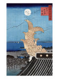 Carved Fish on a Roof and View of Bishu Nagoya, Japanese Wood-Cut Print Posters
