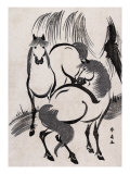 Horses under a Willow Tree, Japanese Wood-Cut Print Posters