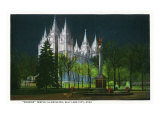 Salt Lake City, Utah, Exterior View of the Mormon Temple Illuminated at Night Posters