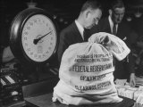 Bag of Checks Being Weighed on Scale at Bank Lámina fotográfica por Herbert Gehr