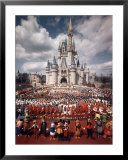 Walt Disney Characters and Park Staff Posing En Masse in Front of Cinderella's Castle  Art by Yale Joel