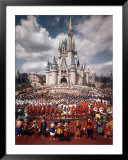 Walt Disney Characters and Park Staff Posing En Masse in Front of Cinderella's Castle  Art by Yale Joel