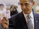 Democratic Candidate for President, Barack Obama Holding Up Voting Receipt, Chicago, Nov 4, 2008 Photographic Print