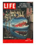 Actors Riding Giant Whale in Performance of "The Arabian Nights," Marine Theater, August 2, 1964 Photographie par Gordon Parks