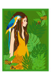 Girl in Tropical Paradise with Blue Bird Prints by Noriko Sakura