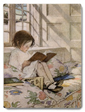 Girl Reading at Window Sill Wood Sign