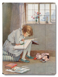 Girl Reading on Cushion Wood Sign