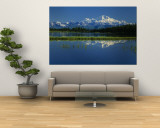 Reflection of Mountains in Lake, Mt. Foraker and Mt. Mckinley, Denali National Park, Alaska, USA Reproduction murale géante