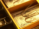 Variety of Bills and Coins in Money Till Photographic Print