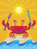 Smiling Crab on Beach with Knife and Fork Foto