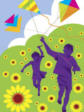 Boy and Girl Running with Kites in Country Field Print