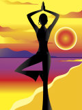 Woman Doing Yoga on Beach at Sunset Reprodukcje Woman Doing Yoga on Beach at Sunset Reprodukcje