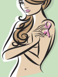 Nude Woman Posing with Pink Ribbon for Breast Cancer Awareness Affiches