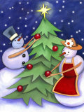 Snowman and Snowwoman Decorating Christmas Tree Print