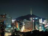 Buildings Illuminated by Lights at Night in Seoul, Korea Fotografie-Druck