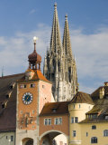 View from Danube River and Steinerne Bridge, Regensburg, Bavaria, Germany Photographic Print by Walter Bibikow