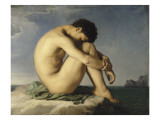 Jeune homme nu assis au bord de la mer - Etude reproduction procédé giclée par Hippolyte Flandrin