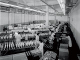 Interior of a Textile Factory, Numerous Workers in White Smocks are Packing Large Reels of Thread Photographic Print by A. Villani