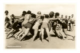 Women on Beach Playing with Giant Beachball Affiches
