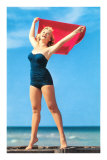 Woman in Blue One-Piece with Red Towel Posters