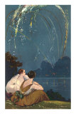 Two Woman Sitting by Lake under Fireworks Print