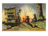 Cowboys at Campfire by Chuckwagon Lámina giclée