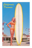 Blonde Woman with Tall Surfboard, California Affiche