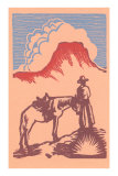Woodcut of Cowboy with Horse and Mesa Prints