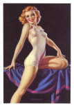 Pin-up rousse en combinaison rose Affiche