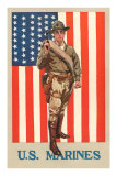 US Marines - Soldier in Front of US Flag Pósters