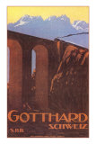 Ilustración de tren atravesando un puente en Gotthard (Suiza) Lámina Ilustración de tren atravesando un puente en Gotthard (Suiza) Lámina